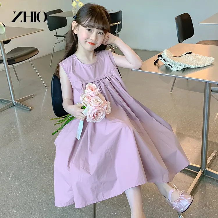 中长款纯棉女童连衣裙洋气褶皱儿童夏季背心裙子小女孩无袖公主裙