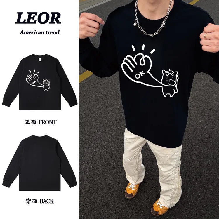 美式复古'I am ok'秋季嘻哈印花重磅圆领T恤休闲男女纯棉长袖上衣