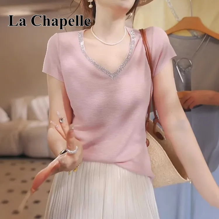 拉夏贝尔烫钻设计感法式针织衫2025夏季修身通勤v领冰丝上衣短袖