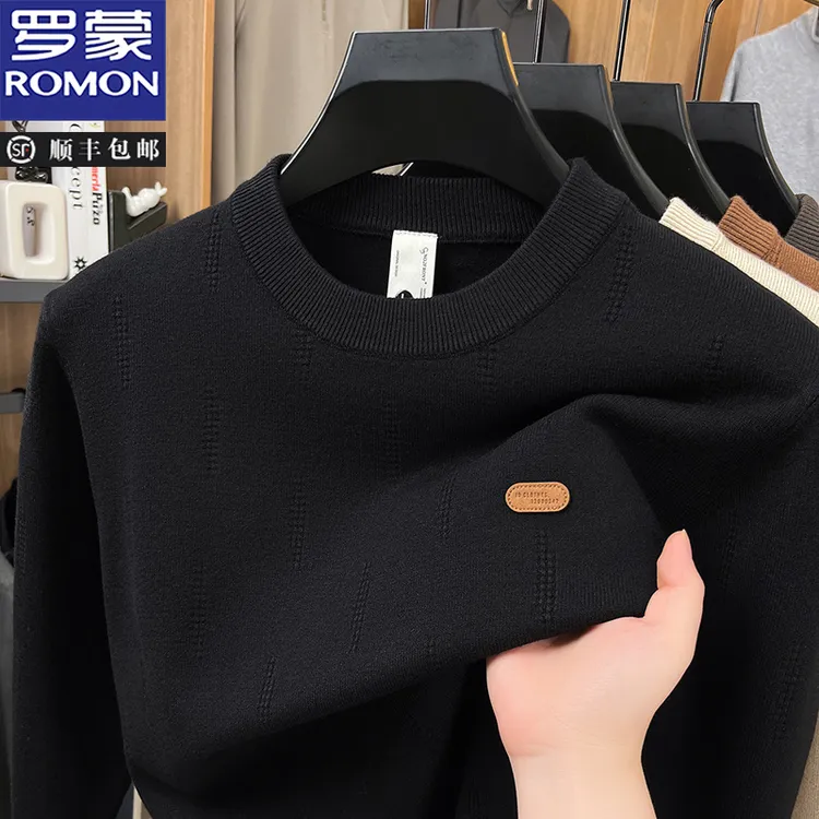 罗蒙极简风男士秋冬圆领毛衣百搭潮精美胸标纯色针织打底衫休闲男