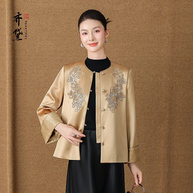齐黛品牌高端醋酸缎面上衣女2025秋季新款长袖刺绣气质羊毛短外套