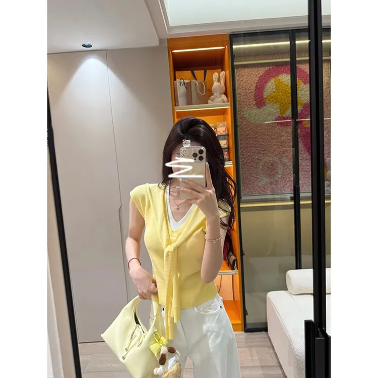 韩系气质两件套v领无袖背心t恤女夏季配披肩冰丝针织短款坎肩上衣