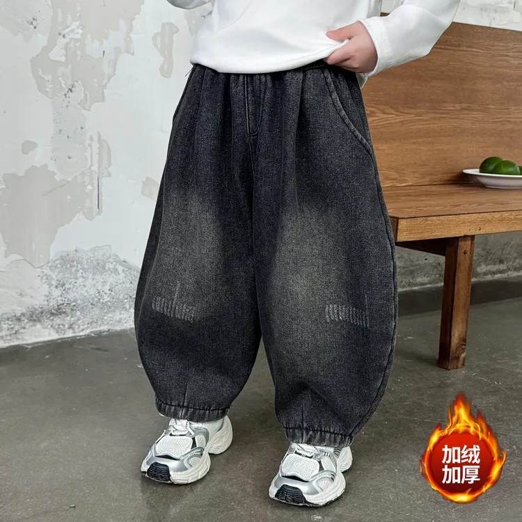 儿童冬款加绒牛仔裤时髦洋气男童冬季加绒裤宝宝韩版加厚弯刀裤潮