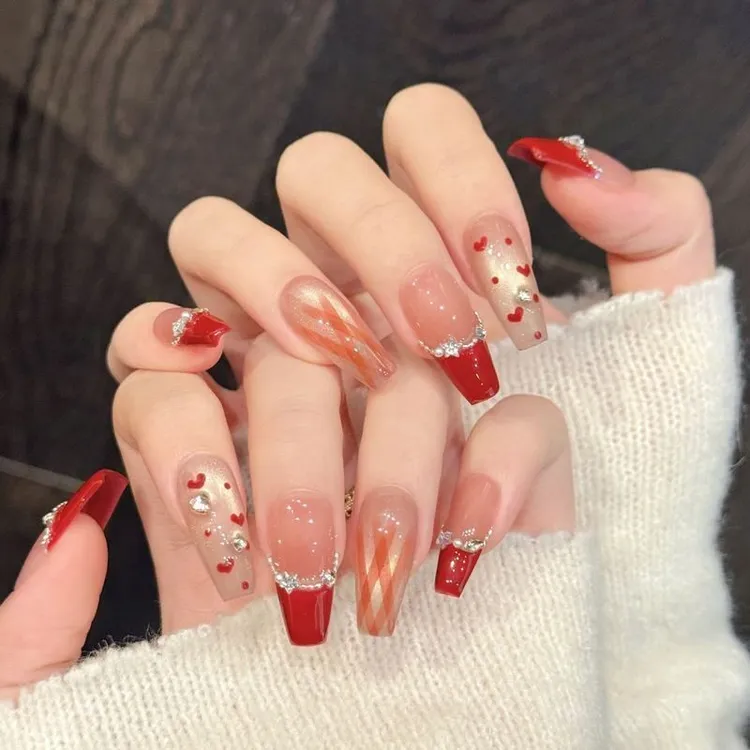 【直播福利】原创新年红边爱心粉底片假指甲钻饰穿戴甲纯手工