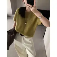 【咸菜绿】短袖圆领竖条纹宽松韩版百搭休闲针织衫毛衣女