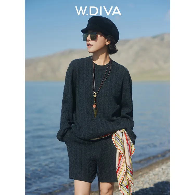W.Diva【漫织纪】丝光羊毛麦穗纹圆领套头毛衫裤套装慵懒53D282765