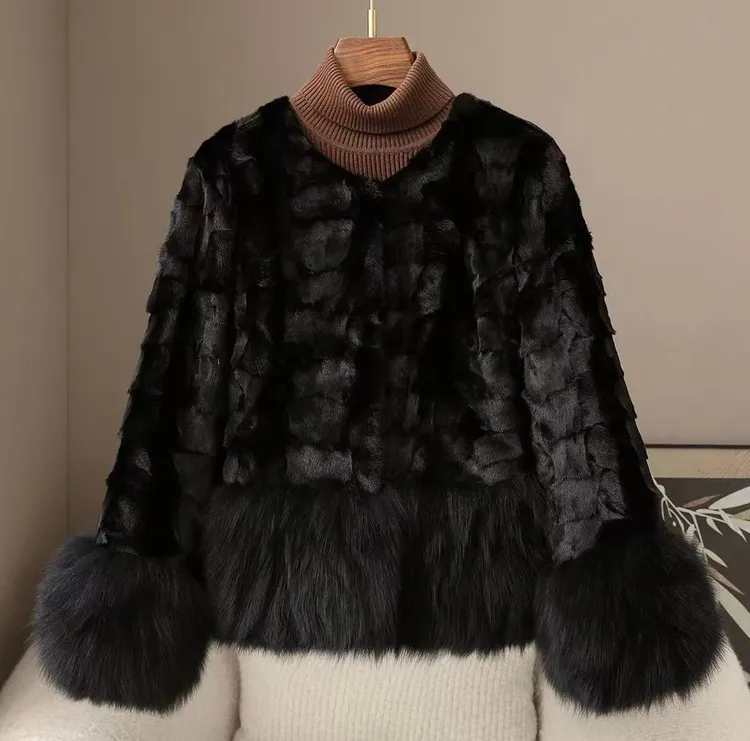 【轻奢时尚】海宁设计师短款长袖皮草外套女圆领水貂皮草100%真貂毛