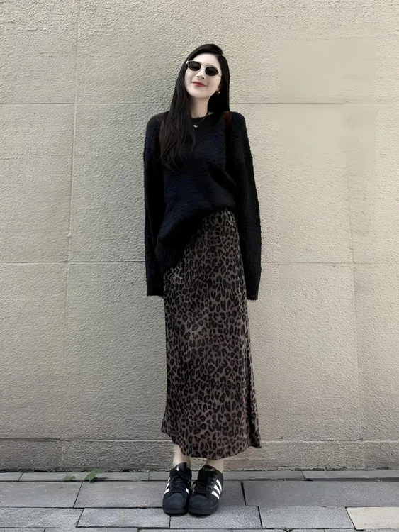 休闲毛衣复古豹纹半身裙套装女秋季气质百搭高级感显瘦时尚两件套