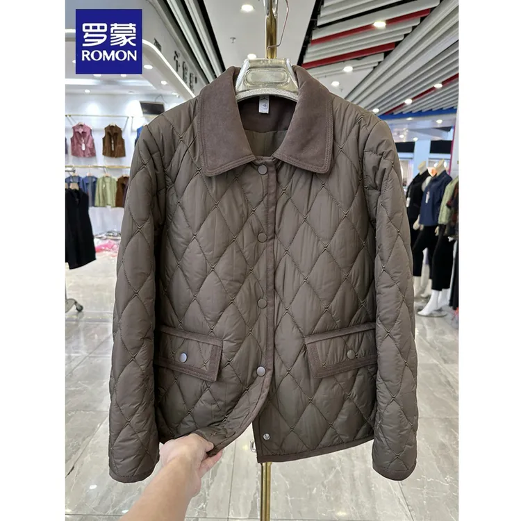罗蒙妈妈装翻领菱格夹棉短款外套秋冬新款洋气高贵棉服中老年上衣