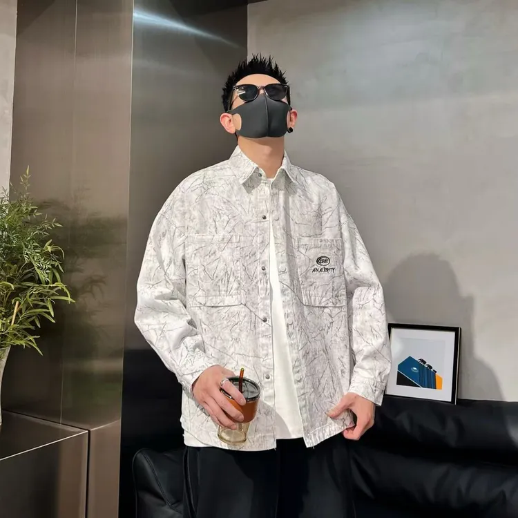 小众个性新款潮流百搭时尚扎染设计感绣标帅气男士翻领衬衫上衣