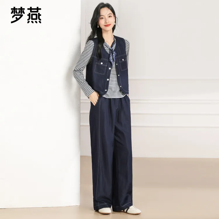 梦燕春秋条纹T恤阔腿裤马夹三件套女丝巾装饰通勤套装AB04B5013