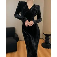 JIJINQI黑色复古长裙丝绒v领连衣裙修身收腰包臀裙 JINQBSP1229