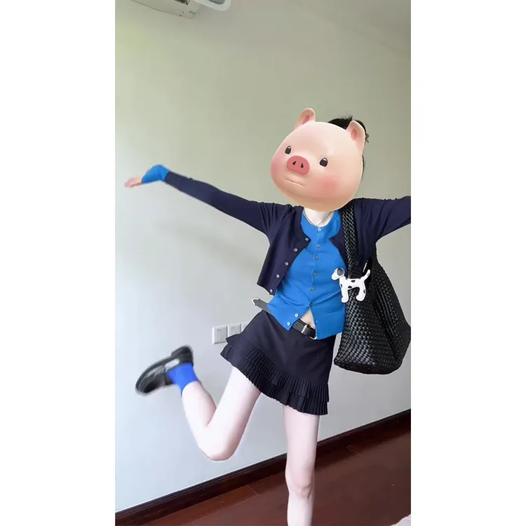 韩系克莱因蓝撞色针织开衫女假两件外套春秋叠穿短毛衣+裙子套装