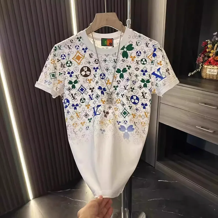 男士休闲百搭潮流时尚欧货短袖t恤男款夏季经典圆领彩色印花上衣