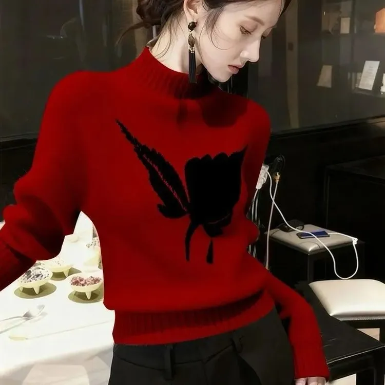 设计感半高领百搭针织衫软糯毛衣秋冬季女新款慵懒穿搭上衣打底衫