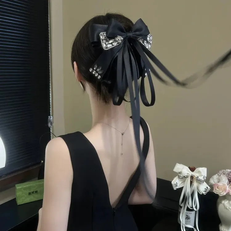 轻奢高级感夜宴蝴蝶闪锆蝴蝶结飘带马尾抓夹长飘带甜美时尚发饰
