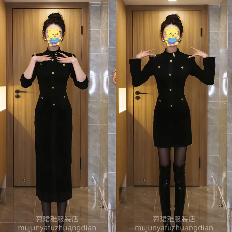 名媛气质时尚高级感长袖收腰显瘦包臀显身材连衣裙春秋季新款裙子