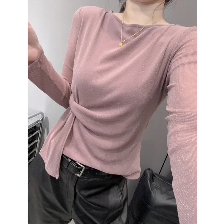 网纱圆领T恤长袖女欧货气质百搭褶皱收腰打底衫不规则修身上衣秋