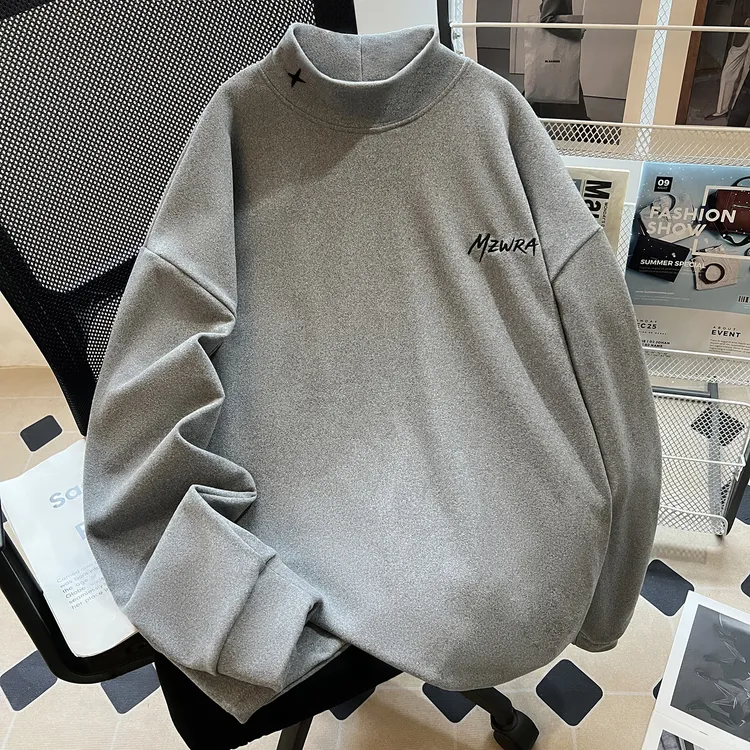 双面德绒打底衫男秋冬基础内搭半高领长袖T恤美式刺绣保暖上衣服