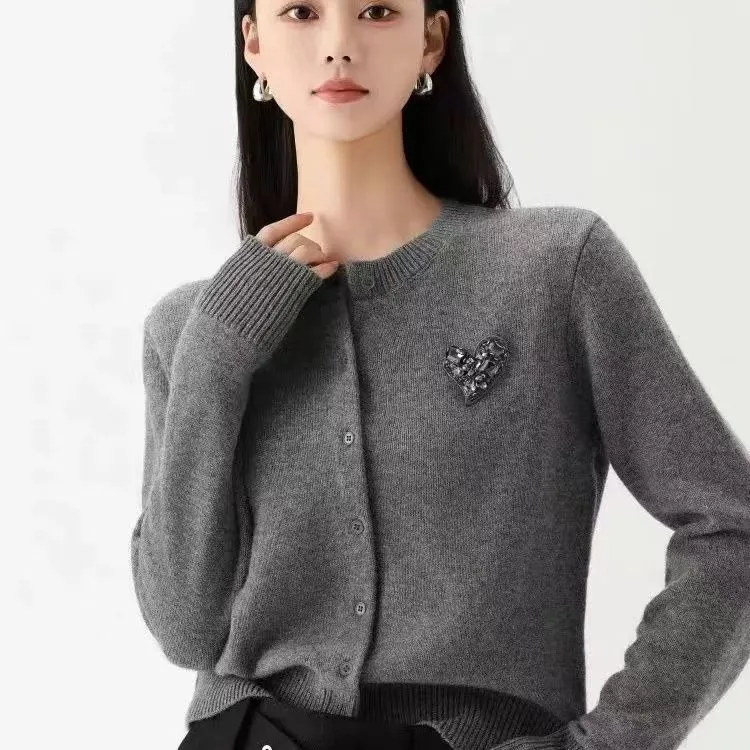 高级感羊毛针织开衫女2025秋冬新款圆领黑色毛衣小外套灰色上衣