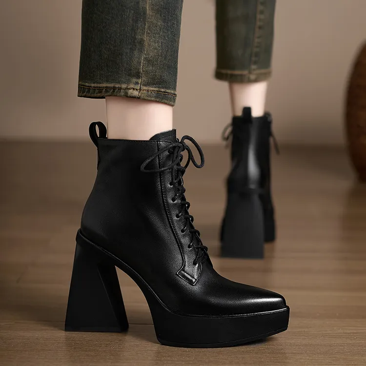 小个子手工女鞋10.3cm~秋冬厚底防水台高跟短靴女尖头粗跟马丁靴