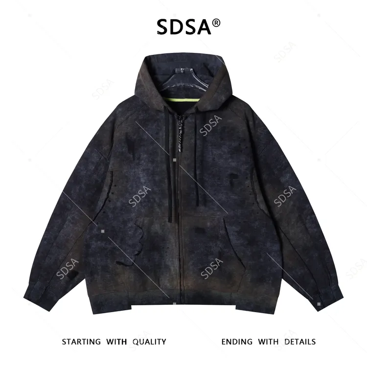 SDSA男士秋冬新款痞帅男装扎染磨破不规则裁剪拉链连帽卫衣外套潮