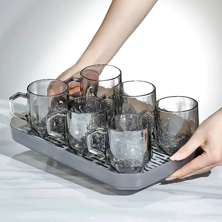 钻石玻璃水杯茶杯套装家用咖啡杯带把手托盘整套家庭装水杯牛奶杯