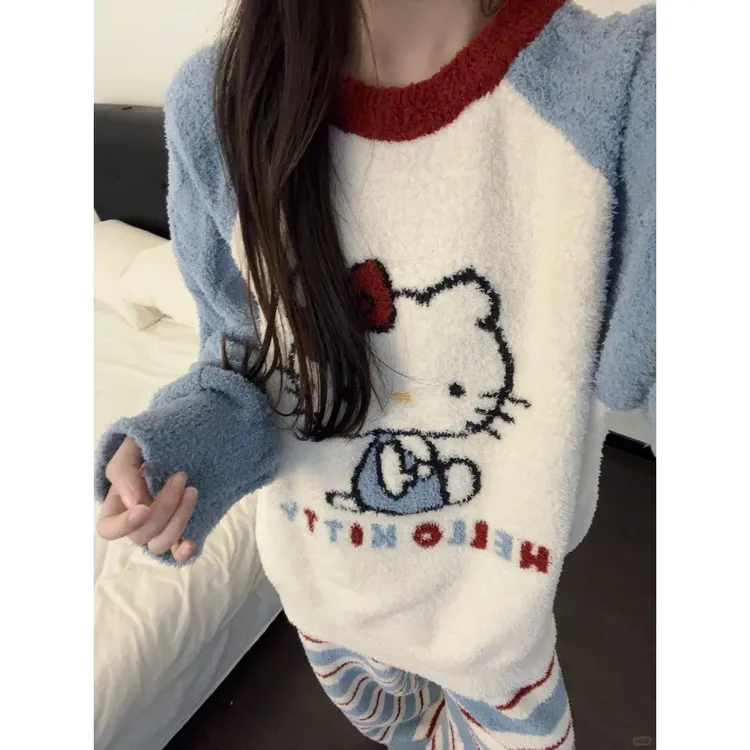 加厚保暖ins可爱kitty猫半边绒秋冬睡衣女撞色条纹休闲睡裤家居服