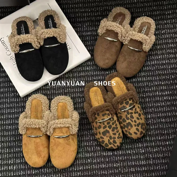 欧美风百搭舒适修面皮休闲风时尚秋冬加绒低帮大牌风毛毛拖鞋