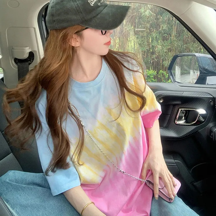 美式扎染短袖t恤女2025新款夏季彩色渐变潮牌宽松设计感欧货上衣