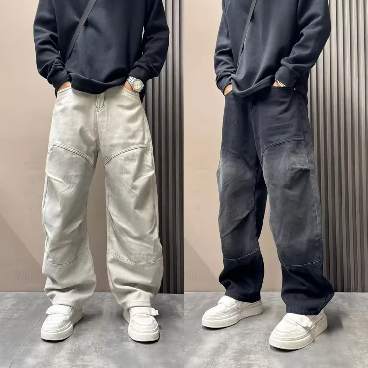 秋冬款美式高街直筒裤加绒宽松阔腿裤痞帅设计感复古工装牛仔裤