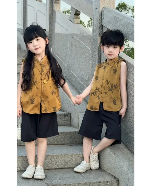 【兄妹款】新中式国风唐装2025新款夏季背心套装儿童时髦坎肩两件套