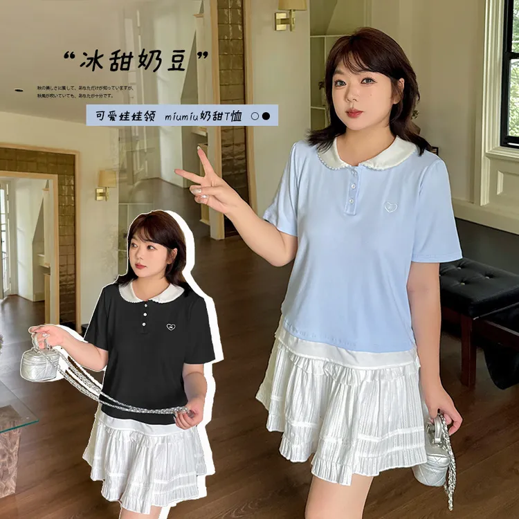大码女装2025夏季新款韩版花边娃娃领短T恤女显瘦正肩上衣242523