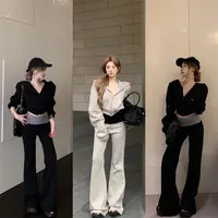 时尚休闲套装慵懒连帽长袖卫衣外套女修身撞色微喇叭裤两件套