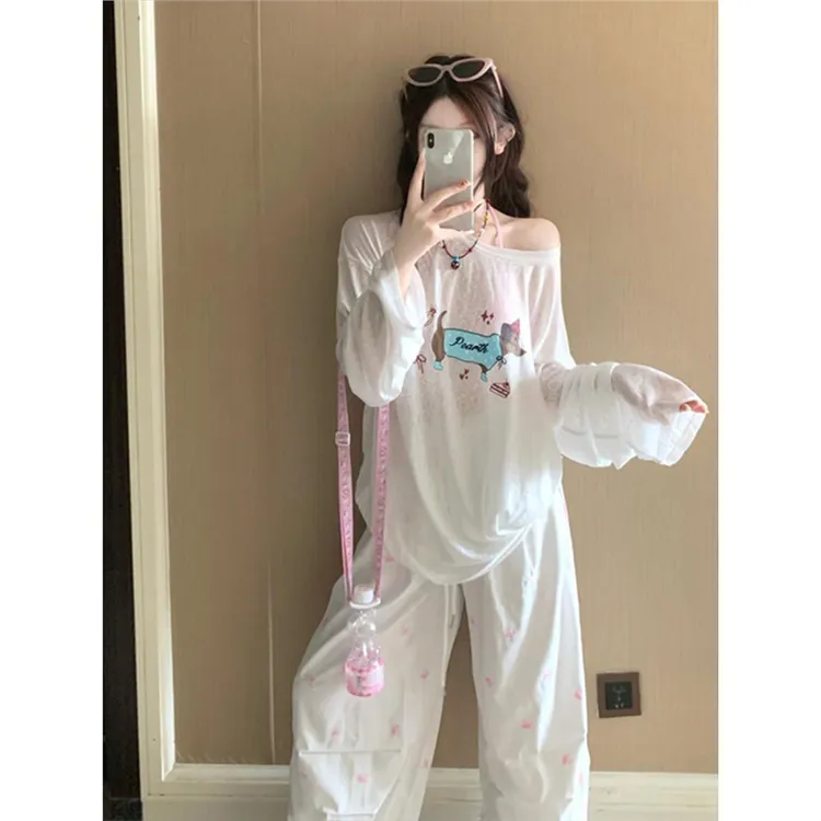 白色微透腊肠狗印花罩衫女夏季露肩薄纱上衣宽松韩系长袖T恤