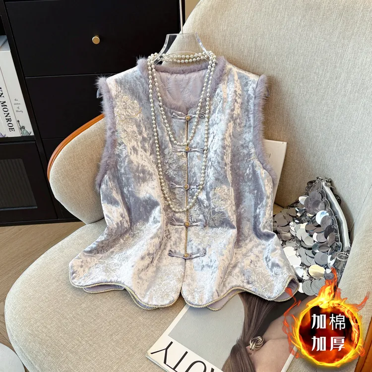 【在仓发货➕运险！加棉加厚】新中式国风刺绣水貂毛拼接秋冬新款马甲