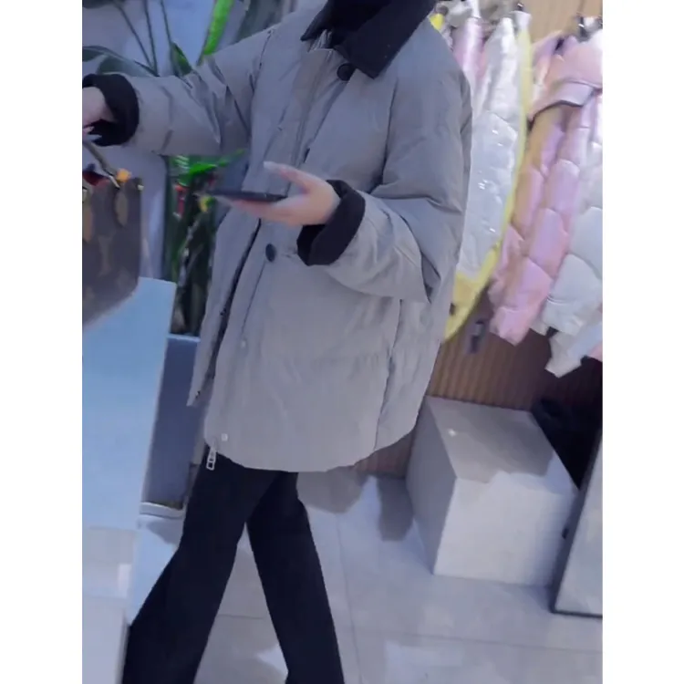 质感牛角扣棉服2025冬季撞色领中长蓬松保暖通勤出街高级风