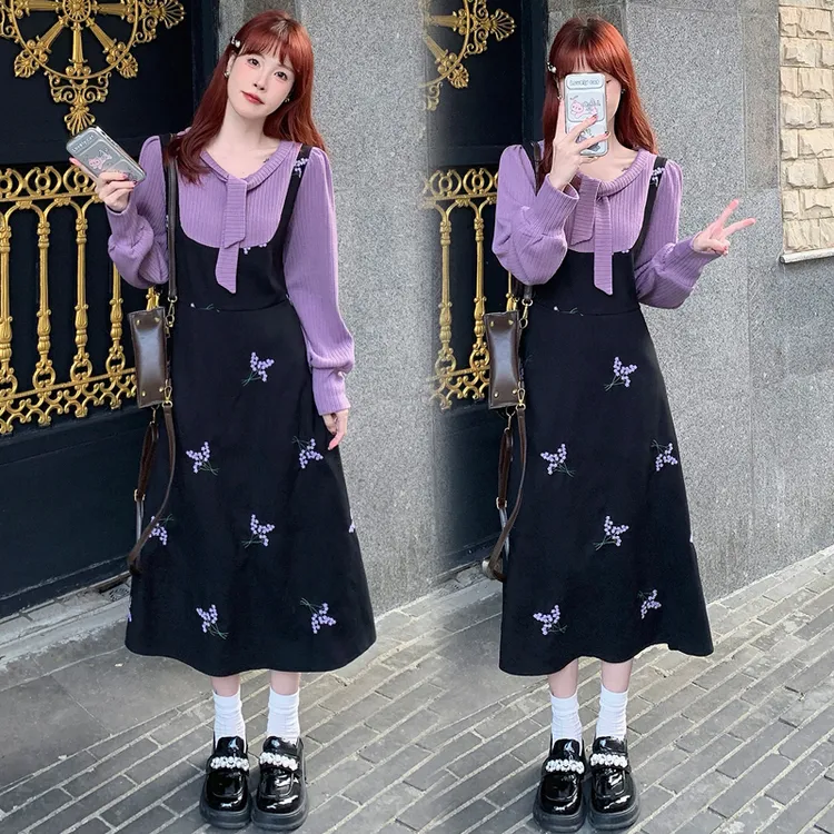 大码女装2025秋冬胖mm韩版减龄拼接刺绣假两件显瘦连衣裙80530