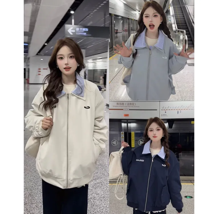 秋冬菱格二棉保暖美式拼接加棉外套复古绣花假两件翻领保暖夹克女