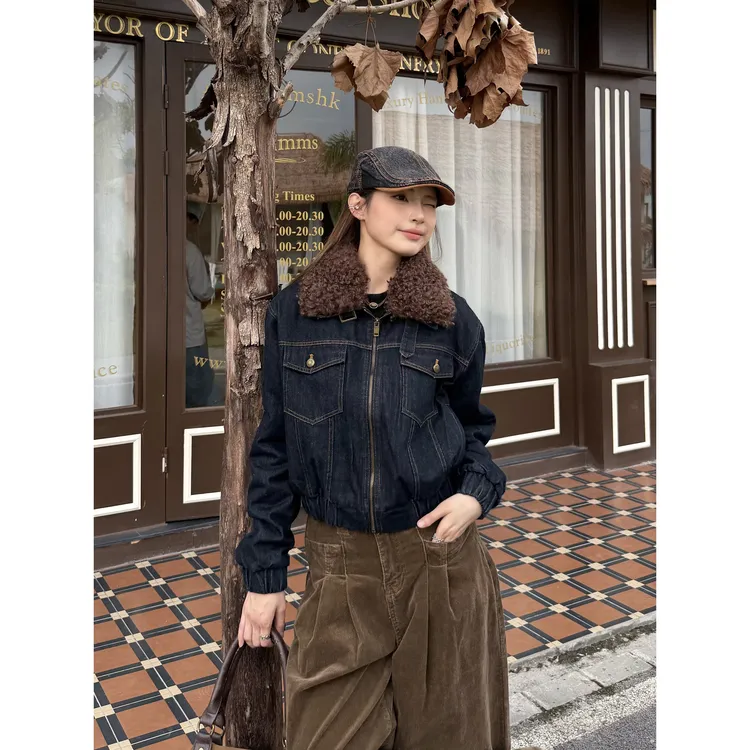 XFX 美式复古夹棉牛仔毛领外套女秋冬休闲保暖cleanfit小众上衣潮