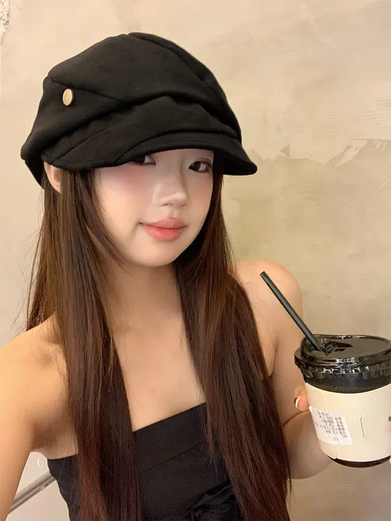 韩系复古褶皱黑色贝雷帽女夏季显脸小报童帽大头围八角画家帽子