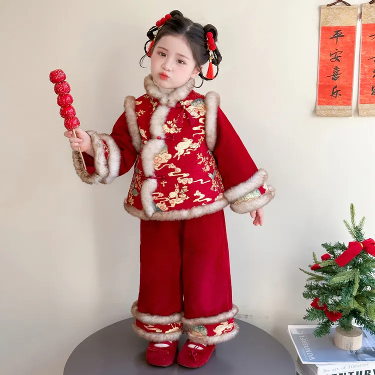 女童冬款套装2025年新款中式国风旗袍加绒两件套女宝宝红色拜年服
