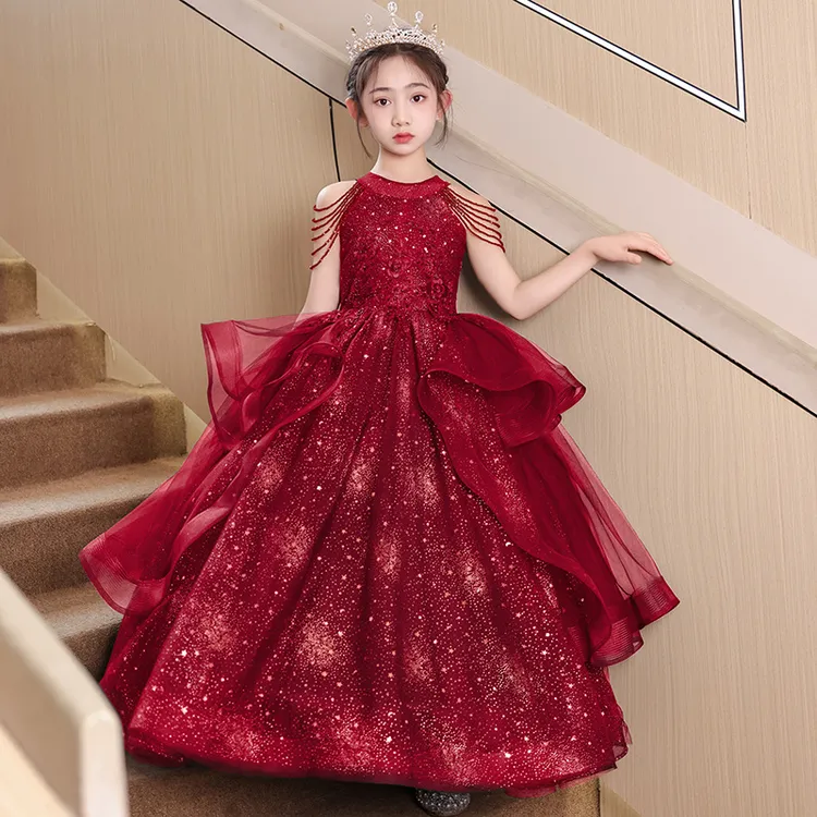 新款红色女童晚礼服2025轻奢小众花童婚礼公主裙主持人钢琴演出服