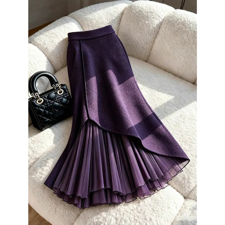 紫色拼接半身裙2025冬季爆款梨型身材遮胯巨好看气质高级感a字裙