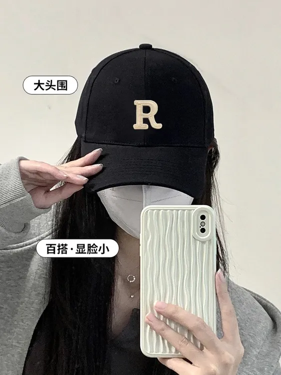 潮流新款硬顶帽子ins春秋韩版休闲棒球帽男士刺绣R标字母鸭舌帽女