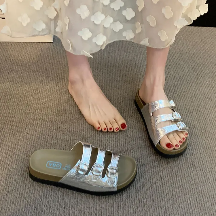 UHCK厚底勃肯凉拖鞋女夏外穿2025新款时尚百搭软底银色皮带扣沙滩