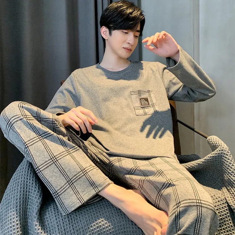 猫人2025年新款男士睡衣春秋季纯棉长袖秋冬款可外穿全棉家居服圆