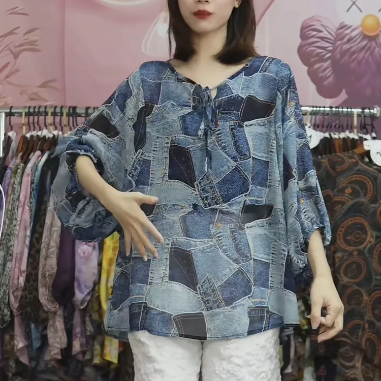 夏季新款上衣珍珠纱面料牛仔拼色印花百搭女士宽松气质夏季