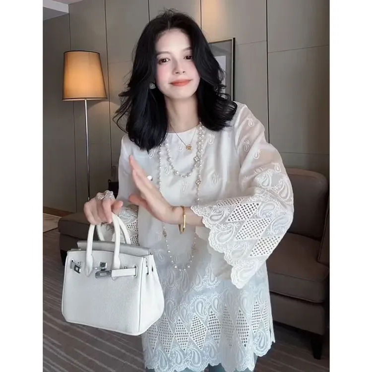 上身是真的美！圆领衬衫女欧洲站新款百搭镂空衬衣宽松中长款上衣