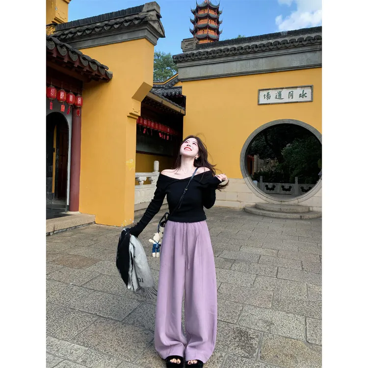 2025时尚套装休闲百搭慵懒风洋气黑色长袖上衣高腰垂感直筒裤长裤
